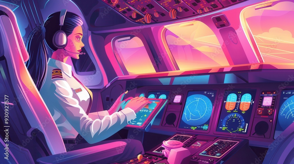 Poster a flight attendant is engaging with passengers as the airplane gets ready for departure against the 