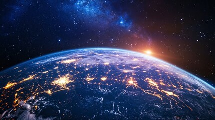 Obraz premium Nightly Earth planet in outer space. City lights on planet. Life of people. Solar system element. Elements of this image furnished , ai