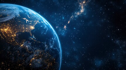 Obraz premium Nightly Earth planet in outer space. City lights on planet. Life of people. Solar system element. Elements of this image furnished , ai