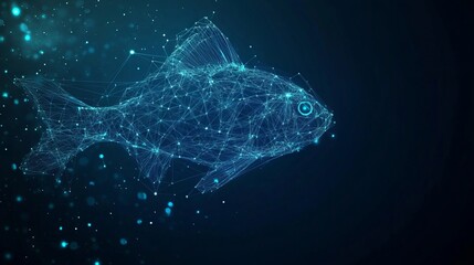 Fototapeta premium Abstract image of a fish With dark blue background. Low poly wireframe with lines, dots and glowing particles