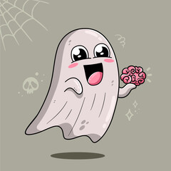 Adorable Ghost Bring Brain Vector Cartoon Illustration 