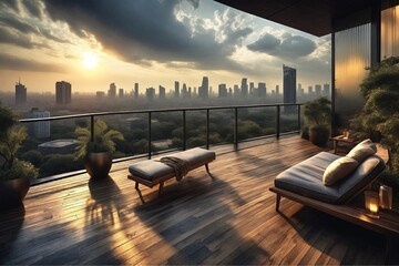 Fototapeta premium Cityscape at Sunset from Balcony