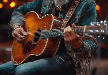 Obraz premium Close-Up of Hands Playing Acoustic Guitar with Blurred Background and Copy Space - Live Performance or Studio Session