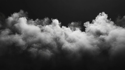 Fototapeta premium Panoramic view of the abstract fog. White cloudiness, mist or smog moves on black background. Beautiful swirling gray smoke. Mockup for your logo. Wide angle horizontal wallpaper or web banner, ai
