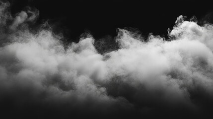 Obraz premium Panoramic view of the abstract fog. White cloudiness, mist or smog moves on black background. Beautiful swirling gray smoke. Mockup for your logo. Wide angle horizontal wallpaper or web banner, ai