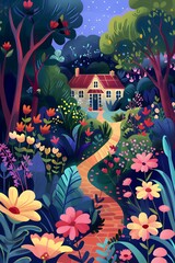 A winding path leads to a cozy cottage nestled in a vibrant garden with a starry night sky above.