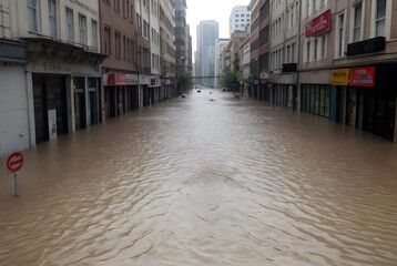 Naklejka premium 大洪水で冠水した都市のイメージ、河川氾濫、台風