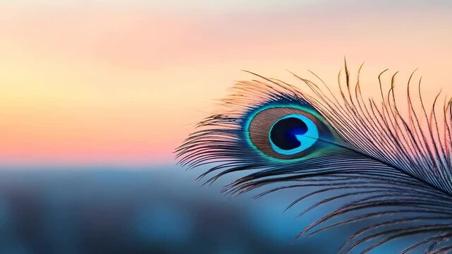Sacred beautiful peacock feather as symbol of Hindu god Lord Krishna on sunset. Krishna Janmashtami, Govardhan Puja. Indian culture and religious concept