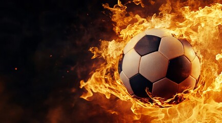 Fototapeta premium A striking and vivid image of a soccer ball engulfed in fierce flames, representing deep passion and intense energy