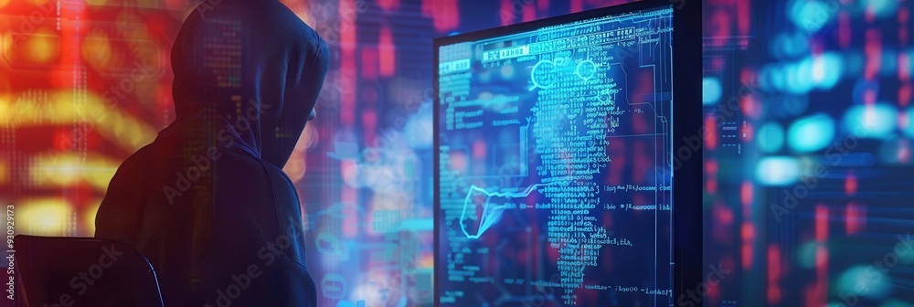 Poster a figure in a hoodie focuses on a computer screen displaying flowing code in a dimly lit environment