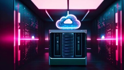 Server rack with glowing cloud symbol in a server room with pink and blue neon lights. - Powered by Adobe