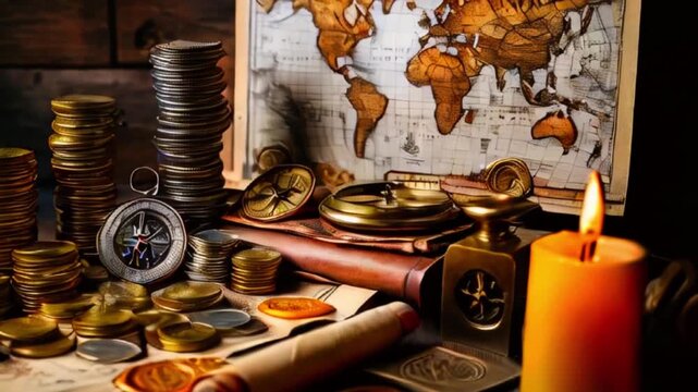 Vintage compass, coins, and a world map are arranged on a wooden surface, creating a scene of exploration and adventure.