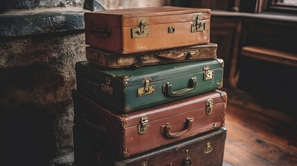Stacked Vintage Suitcases Evoking Nostalgic Adventure in Rustic Setting