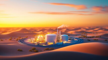 Overhead View of Eco-Friendly Natural Gas Processing Plant Monitoring Flow Rates and Emissions in Arid Desert Setting