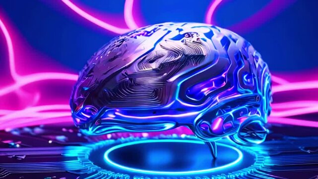 A futuristic metallic brain with glowing blue and purple details, illuminated by pink neon lights, resting on a circuit board.