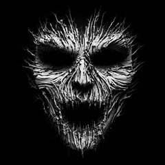 Obraz premium Spooky scary creepy evil Halloween monster face made from white old cracked paper garbage, isolated on black background. Black and white horror grunge design background for t-shirt print or poster