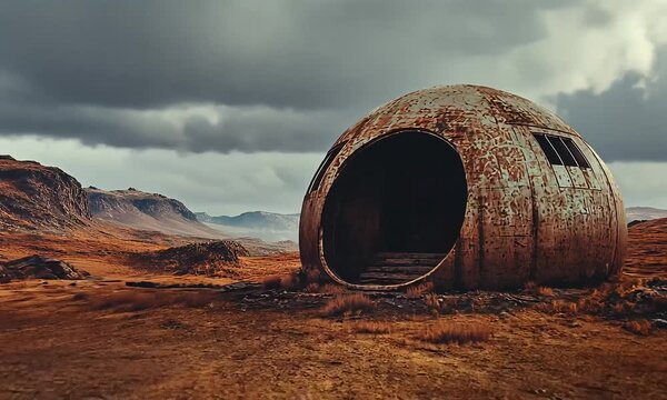 Rusty Abandoned Structure in Desolate Landscape with ai generated.
