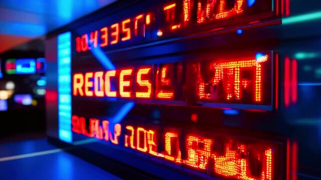 Red and blue LED display showing 'RECES' with numbers and other unreadable text in the background.