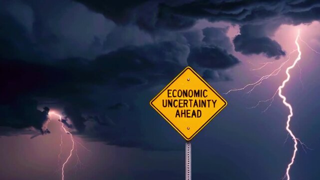 A yellow diamond-shaped warning sign with the words 'Economic Uncertainty Ahead' displayed against a dark stormy sky with lightning strikes.