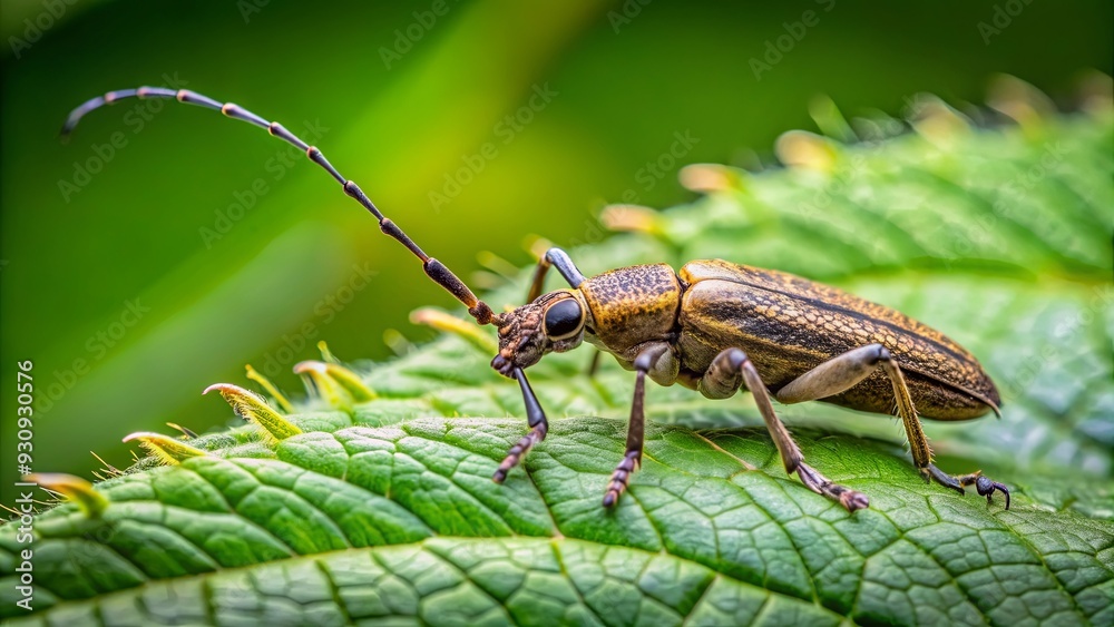 Wall mural Close up of barbel beetle on a leaf, barbel beetle, close-up, insect, macro, detailed, nature, wildlife, green, leaf, bug, small