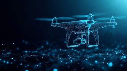 Abstract low poly 3d drone with camera in dark blue. Drone videography, aerial photography, modern technology concept. Low poly wireframe with lines, dots and glowing particles