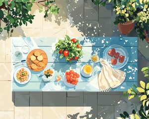 Obraz premium A vibrant outdoor dining scene featuring fresh fruits, snacks, and drinks arranged beautifully on a sunny table.