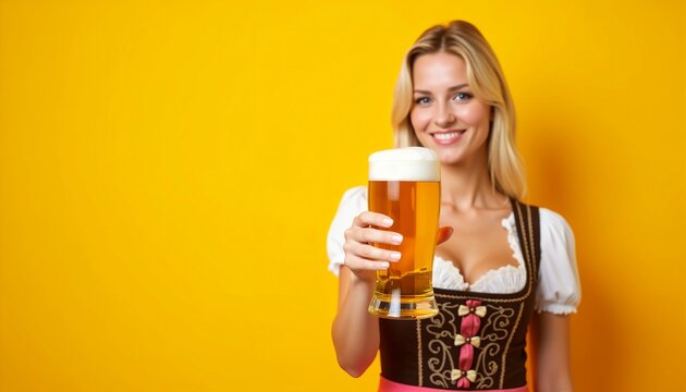 Beautiful waitress smiling beer mug drindl dress oktoberfest festival yellow background - Powered by Adobe