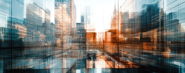 A modern cityscape featuring abstract reflections of skyscrapers in glass, showcasing urban energy and architectural beauty.