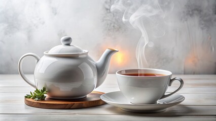 Fototapeta premium Delicate ceramic teapot and matching cup poised on crisp white background, steaming hot tea invitingly aromatic, evoking coziness and relaxation atmosphere.