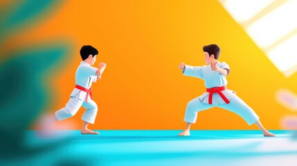 Playful Cartoon Karate Students Performing Kata in Pastel Dojo with Copy Space for Text