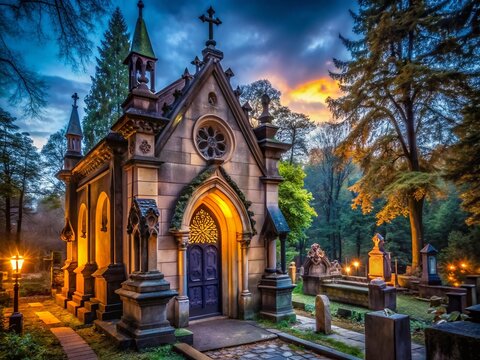 Dimly lit, intricately ornate Gothic chapel stands amidst weathered tombstones in a historic Polish cemetery, its stone fa&ccedil;ade worn by centuries of reverence and silence.