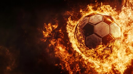 Naklejka premium A dynamic soccer ball, completely engulfed in fiery flames, symbolizes the intense passion and energy found in sports