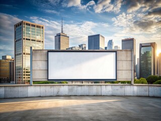 Naklejka premium Empty urban wall with a large rectangular billboard frame, customizable with your design or message, set against a blurred cityscape background.