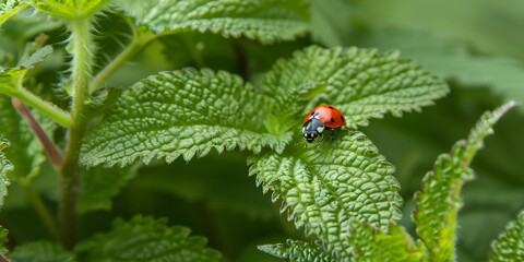 Close-up of a ladybug on a fresh green leaf, showcasing the vibrant colors and delicate details of this small insect