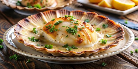 Close-up of a delicious coquille saint jacques dish , French cuisine, gourmet, seafood, scallop, butter
