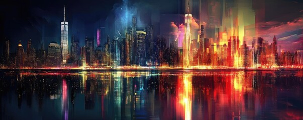 Fototapeta premium Vibrant city skyline with colorful reflections in water, showcasing modern architecture and dynamic lighting at night.