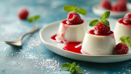 Panna Cotta with Fresh Raspberries and Mint Garnish on a Blue Plate