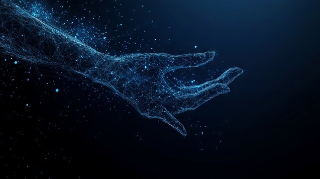 Abstract mash line and point hand and puppet on dark blue background with an inscription. Low poly wireframe with lines, dots and glowing particles