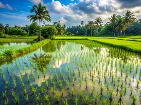 Vibrant green duckweed or lemma minor plants blanket the calm water's surface, creating a serene and rustic background in a lush rice field landscape.
