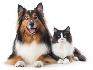 Obraz premium Adorable Australian Shepherd and Cat Duo Pose Together, Playful and Content, Gazing at Camera on a Clean White Background. Companionship and Pet Friendship Concepts.