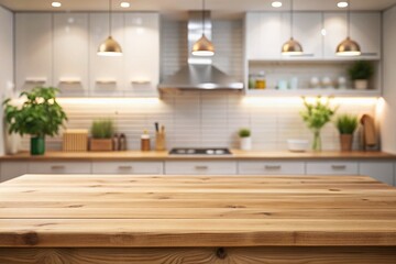 Empty polished wooden table top counter against a blurred modern kitchen interior background with bokeh, clean, and bright atmosphere, ideal for product or food presentation.
