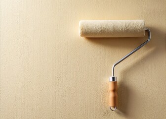 Obraz premium A freshly coated light-hued wall transforms with each smooth stroke as a roller glides effortlessly, leaving a subtle sheen in its wake.