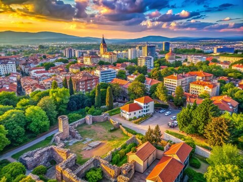 Vibrant cityscape of Stara Zagora, Bulgaria, showcasing ancient ruins, historic landmarks, and thriving cultural attractions set against the breathtaking backdrop of the Thracian Plain.