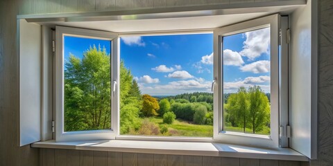 A partially open window frame allows for fresh air to flow into a room, with a clear view of the outside from a low angle perspective.