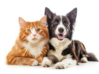 Adorable Australian Shepherd and Cat Duo Pose Together, Playful and Content, Gazing at Camera on a Clean White Background. Companionship and Pet Friendship Concepts.