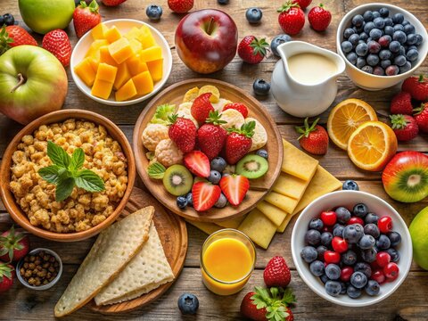 This  description    Breakfast  is   a  spread  of fresh fruit, crispy cheese, and hearty cereal options.