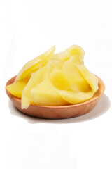 Young mango kickshaw, made from thinly sliced tangy yellow mango, placed on a wooden dish, photographed with a white background.
