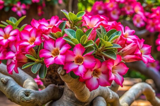 Vibrant pink desert rose blooms adorn the thick, succulent trunk of Adenium obesum, a poisonous yet striking flowering plant native to African and Arabian deserts.