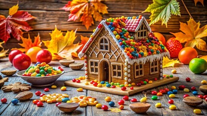 Fototapeta premium Gingerbread house-building activity in Queens County, Nova Scotia, on a crisp autumn day, with colorful candies and festive decorations scattered across wooden tables.