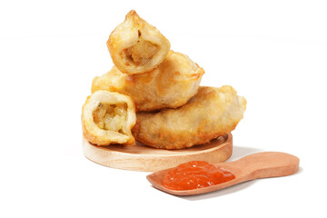 Fried stuffed Cireng, a traditional Indonesian snack filled with seasoned beef fat or jando, perfect with chili sauce dip, photographed against a white background.